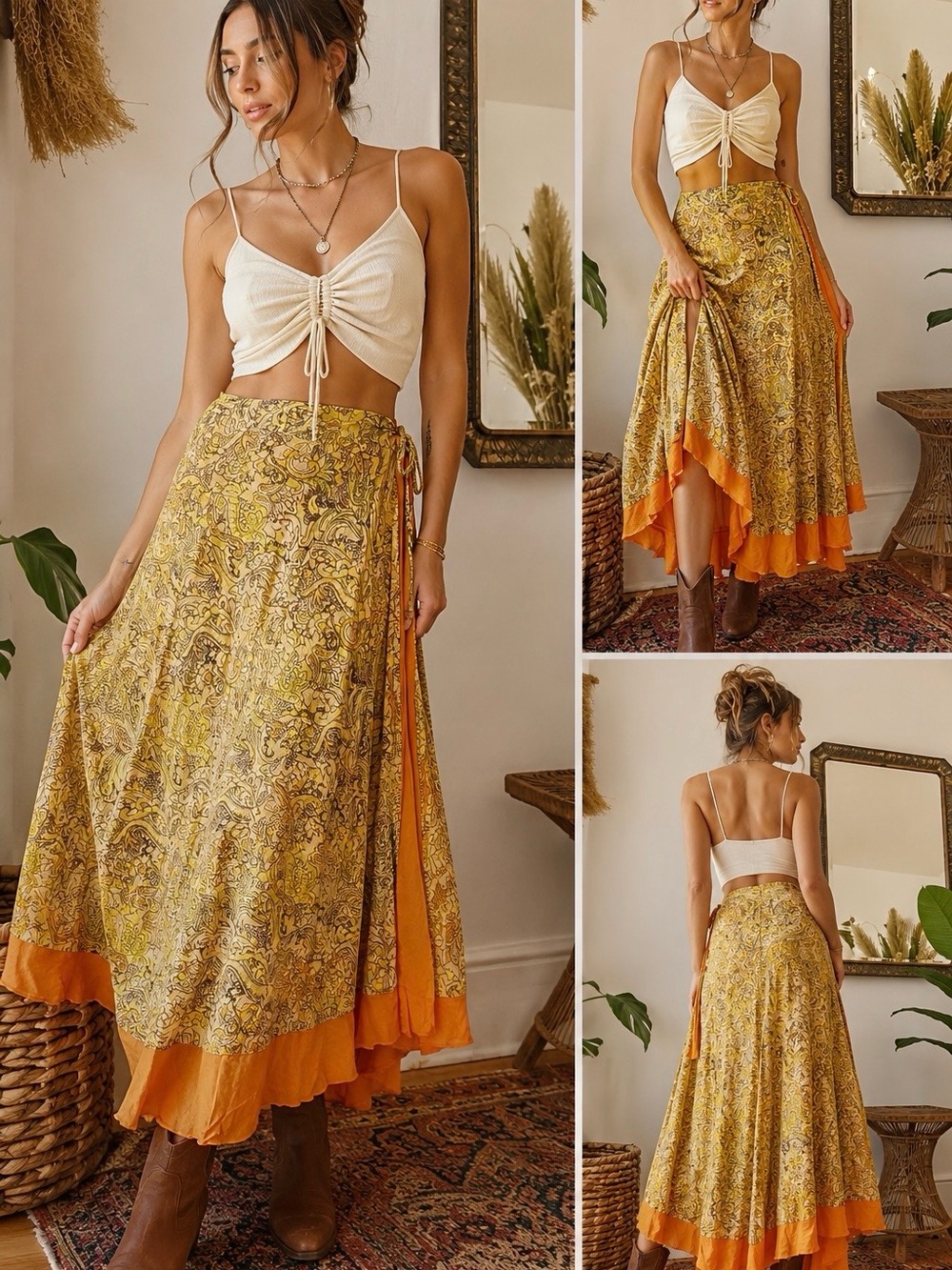 Vintage Jezebel 100% Cotton Paisley Yellow Orange Boho Maxi Skirt Adjustable Fit